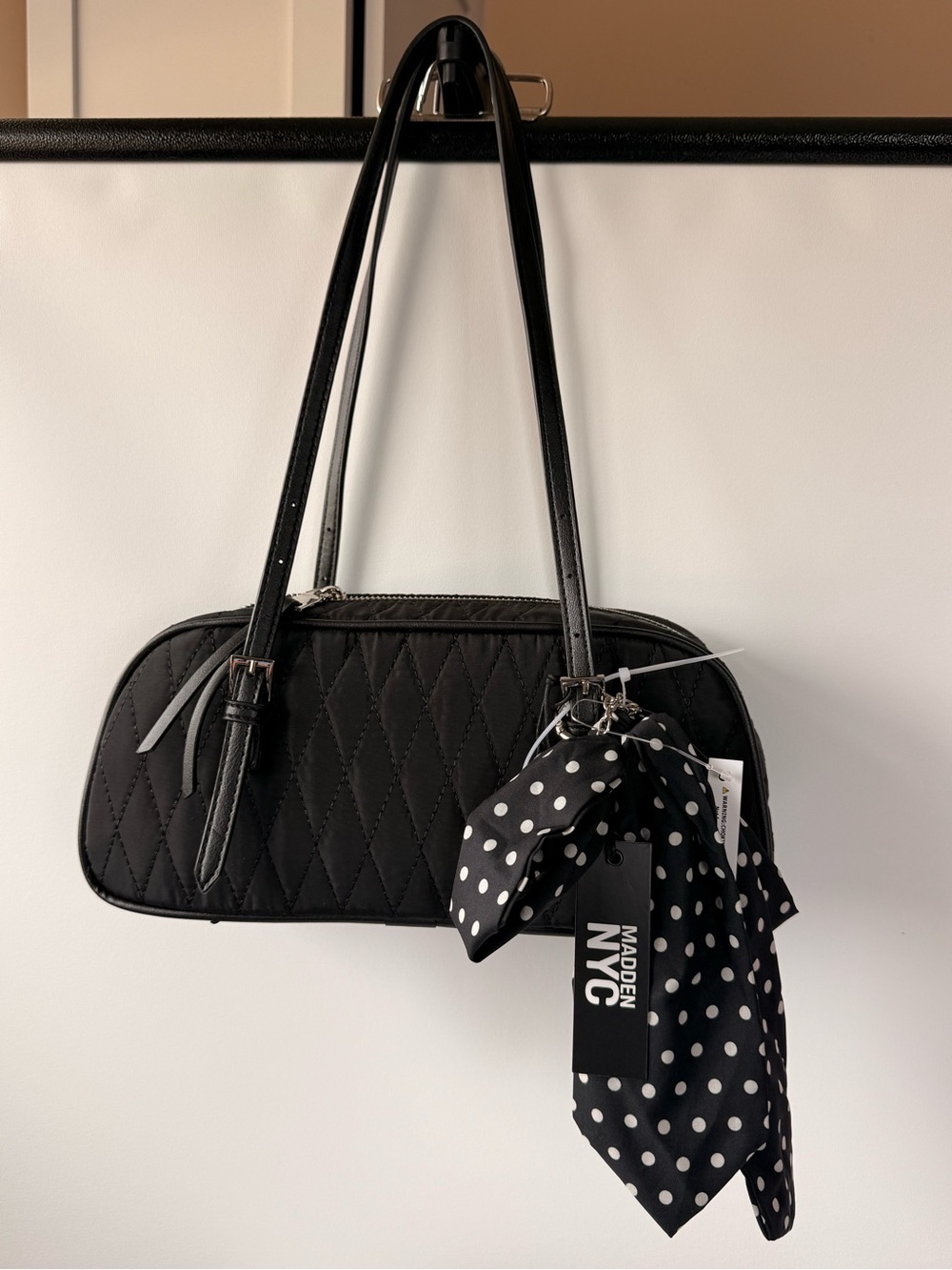 NYC Black Quilted Shoulder Bag with Polka Dot Scarf